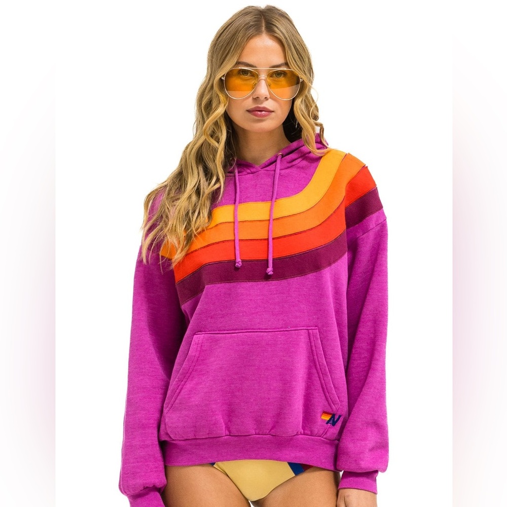 Aviator Nation Women's Pink Hoodie with wave Multicolor Stripes magenta